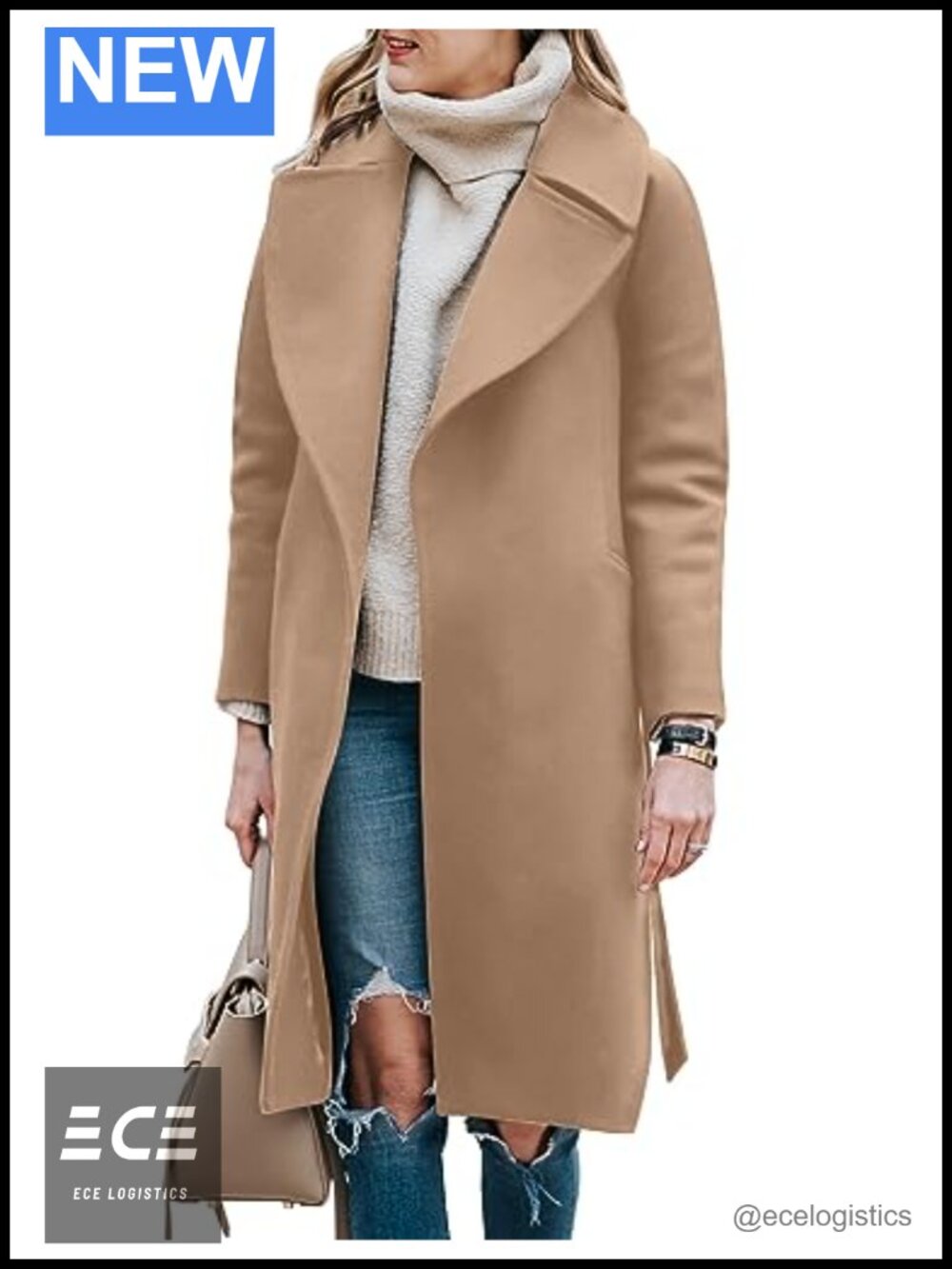Womens Winter Trench Coat Long Wool Blend Peacoat Belted Jacket